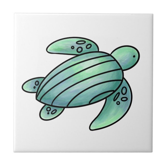 watercolor painted sea turtle cartoon blue green  ceramic tile (Front)