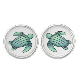 watercolor painted sea turtle cartoon blue green cufflinks