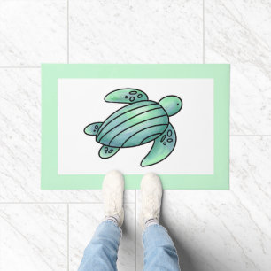 watercolor painted sea turtle cartoon blue green doormat