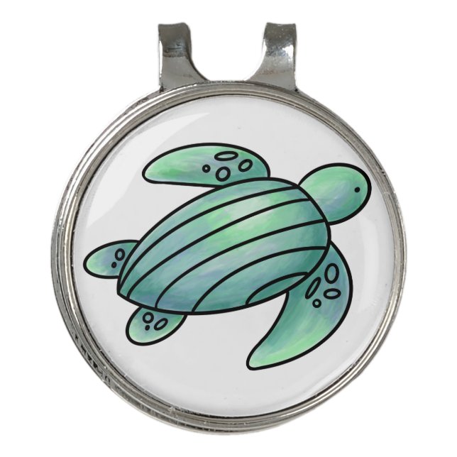 watercolor painted sea turtle cartoon blue green  golf hat clip (Front)