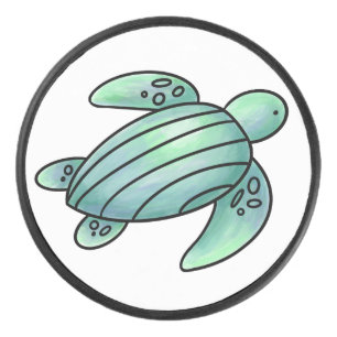 watercolor painted sea turtle cartoon blue green hockey puck