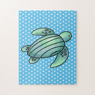 watercolor painted sea turtle cartoon blue green jigsaw puzzle