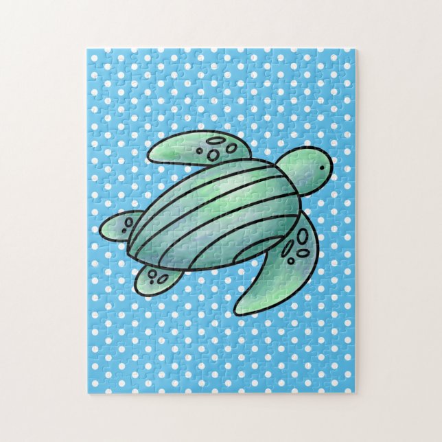 watercolor painted sea turtle cartoon blue green  jigsaw puzzle (Vertical)