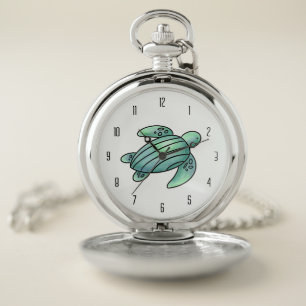 watercolor painted sea turtle cartoon blue green pocket watch