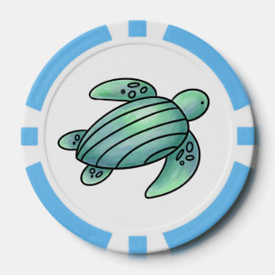 watercolor painted sea turtle cartoon blue green  poker chips