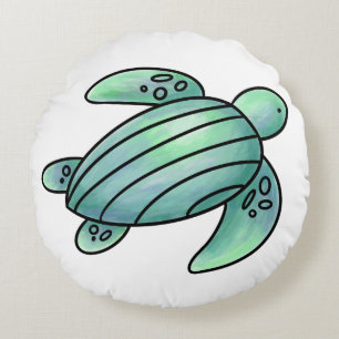 watercolor painted sea turtle cartoon blue green round pillow