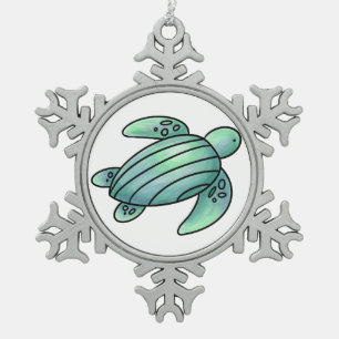 watercolor painted sea turtle cartoon blue green snowflake pewter christmas ornament