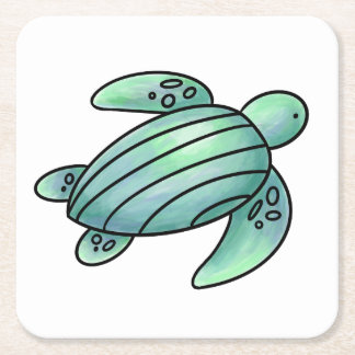 watercolor painted sea turtle cartoon blue green square paper coaster