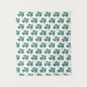 watercolor painted sea turtle cartoon blue green tapestry