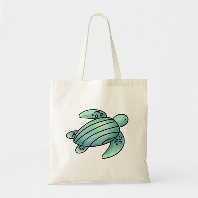 watercolor painted sea turtle cartoon blue green  tote bag (Front)