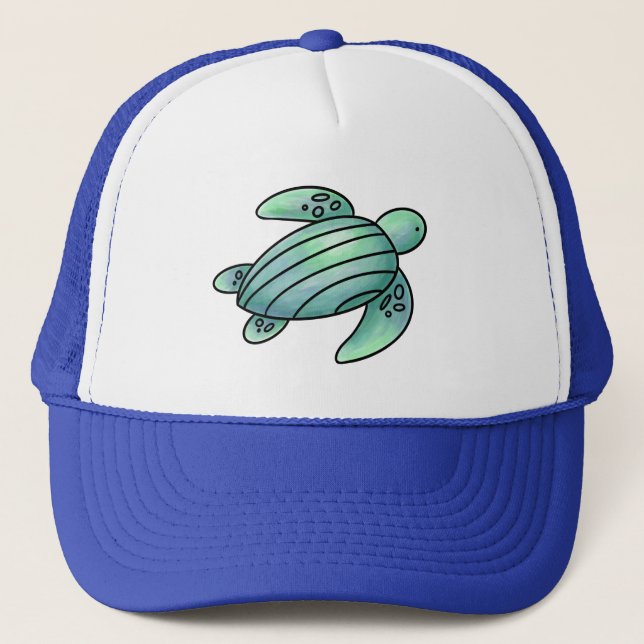 watercolor painted sea turtle cartoon blue green  trucker hat (Front)