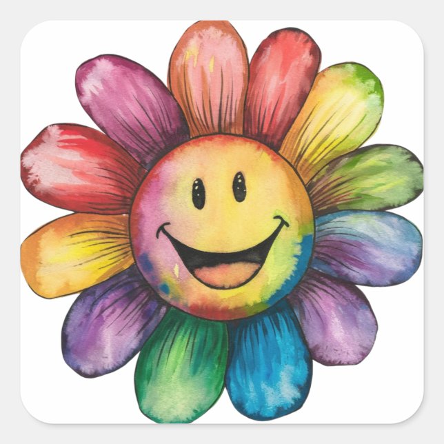 Watercolor painted Smiling Flower Square Sticker (Front)