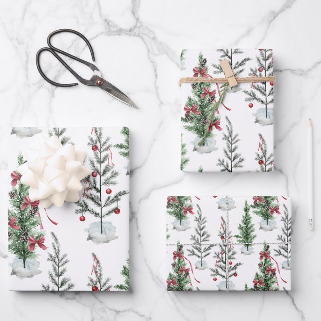 Watercolor-Painted Sparse Holiday Christmas Trees Wrapping Paper Sheets (Front)