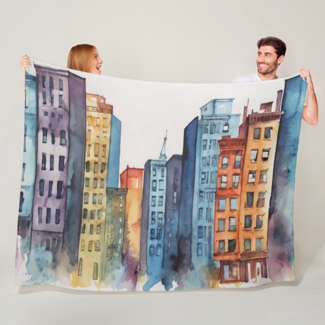 Watercolor Painted Urban Cityscape Skyscapers Fleece Blanket (In Situ)