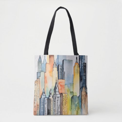 Watercolor Painted Urban Cityscape Skyscapers Tote Bag