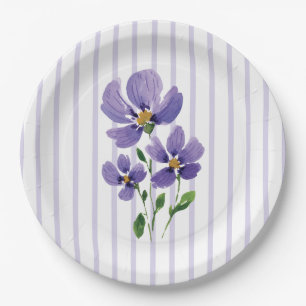 watercolor painted violets with stripes paper plates