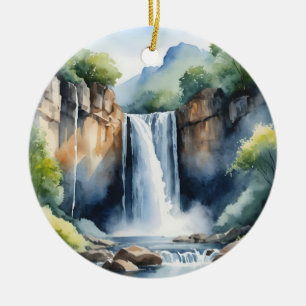 Watercolor painted waterfall ceramic ornament
