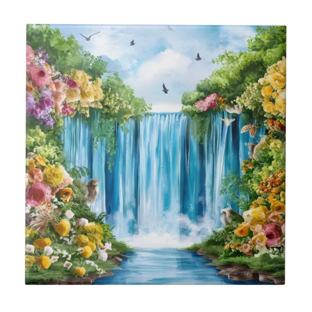 Watercolor painted waterfall ceramic tile (Front)