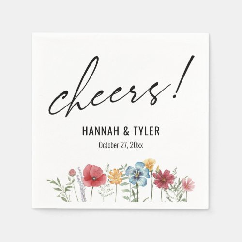 Watercolor Painted Wildflowers, Cheers! Typography Napkins