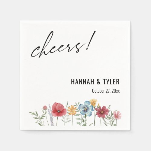 Watercolor Painted Wildflowers, Cheers! Typography Napkins