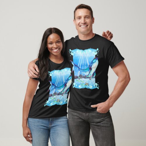 Watercolor Painterly Whale Sea Life T_Shirts _BLK