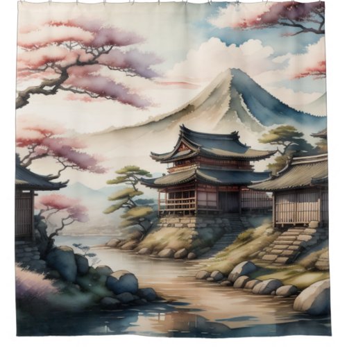 Watercolor Painting Ancient Japanese Village Shower Curtain