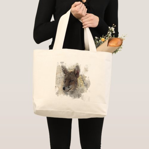 Watercolor painting and drawing of a fox large tote bag