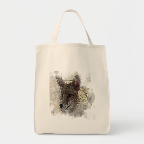 Watercolor painting and drawing of a fox tote bag