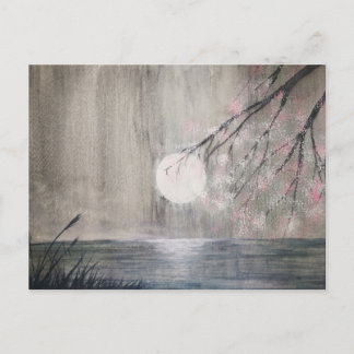 watercolor painting asian moon and cherry blossom postcard