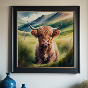 Watercolor Painting Baby Highland Cow Sitting 1:1 Poster