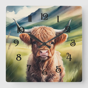 Watercolor Painting Baby Highland Cow Sitting Square Wall Clock