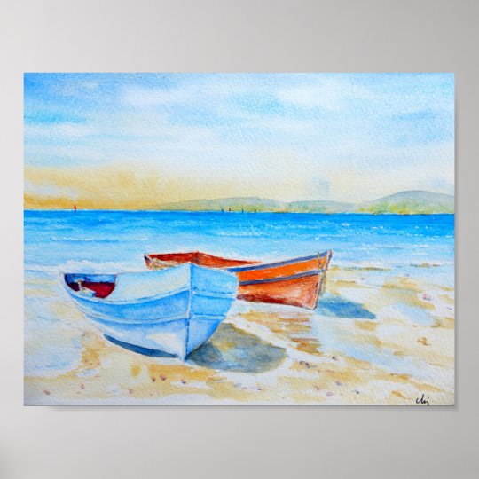 Watercolor Painting Beach boats Poster | Zazzle.com