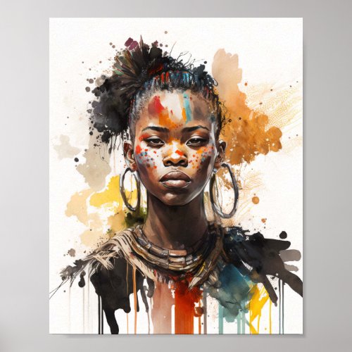 Watercolor Painting Beautiful African Tribe Women Poster