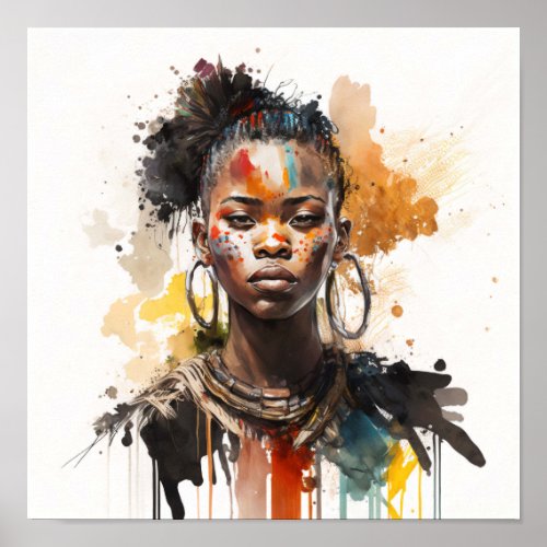 Watercolor Painting Beautiful African Tribe Women Poster