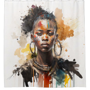Watercolor Painting, Beautiful African Tribe Women Shower Curtain