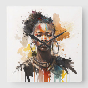 Watercolor Painting, Beautiful African Tribe Women Square Wall Clock