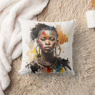 Watercolor Painting, Beautiful African Tribe Women Throw Pillow
