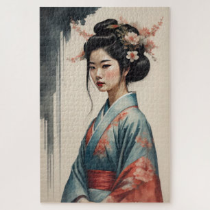 Watercolor Painting Beautiful Asian Woman Flowers Jigsaw Puzzle