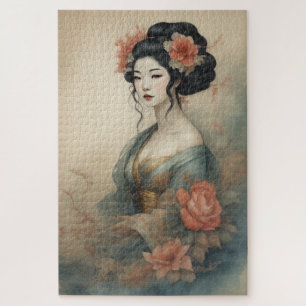 Watercolor Painting Beautiful Asian Woman Flowers Jigsaw Puzzle