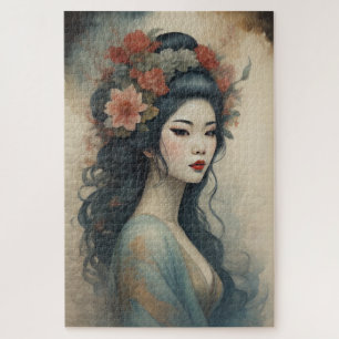 Watercolor Painting Beautiful Asian Woman Flowers Jigsaw Puzzle