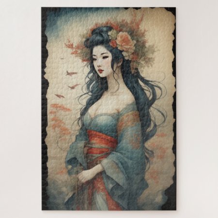 Watercolor Painting Beautiful Asian Woman Flowers Jigsaw Puzzle