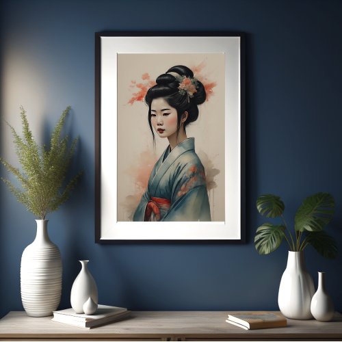 Watercolor Painting Beautiful Asian Woman Flowers Poster
