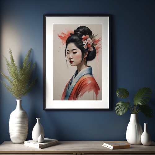 Watercolor Painting Beautiful Asian Woman Flowers Poster