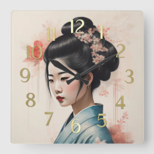Watercolor Painting Beautiful Asian Woman Flowers Square Wall Clock