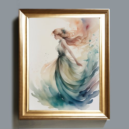 Watercolor Painting Beautiful Woman Water Nymph Poster