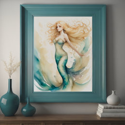 Watercolor Painting Blonde Mermaid Poster