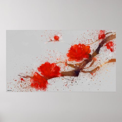 Watercolor painting branch red blossoms asian  poster