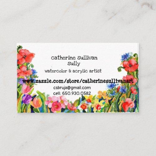 Watercolor painting bright florals  pups on back business card