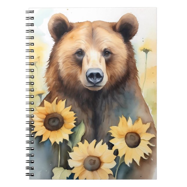 Watercolor Painting Brown Bear And Sunflowers Notebook (Front)
