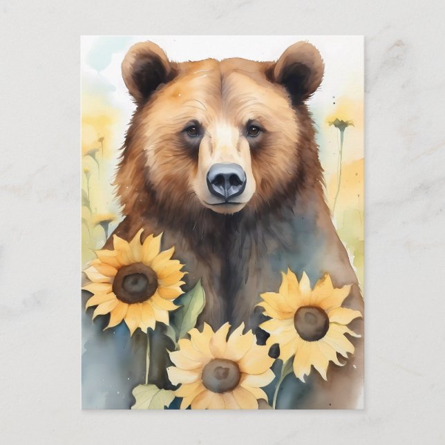 Watercolor Painting Brown Bear And Sunflowers Postcard (Front)
